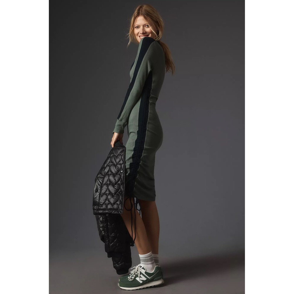 Anthropologie Daily Practice Women Dress L Green Ribbed Ruched Polo Colorblock - Picture 5 of 14